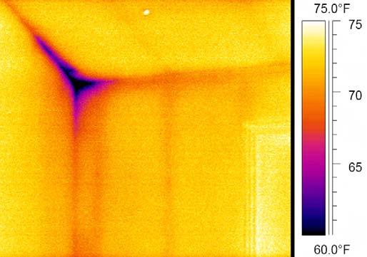 The leakage pathway is often complex and, without infrared, extremely difficult to visualize. Image 3: The improperly installed fiberglass yields an irregular thermal pattern.