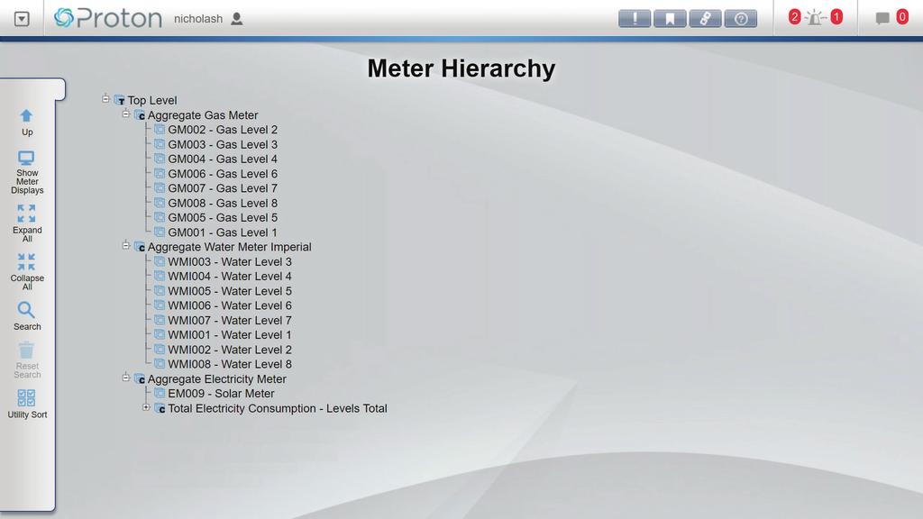 Meter Hierarchy Management The meter hierarchy page loads a graphical tree list displaying the parent/child relationships of all the meters currently in Optergy software.