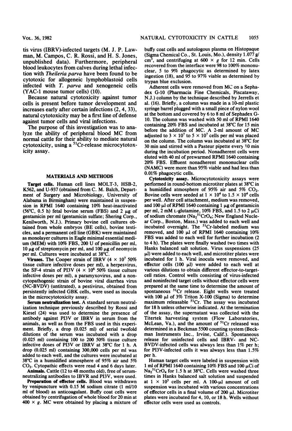 VOL. 36, 1982 tis virus (IBRV)-infected targets (M. J. P. Lawman, M. Campos, C. R. Rossi, and H. S. Jones, unpublished data).
