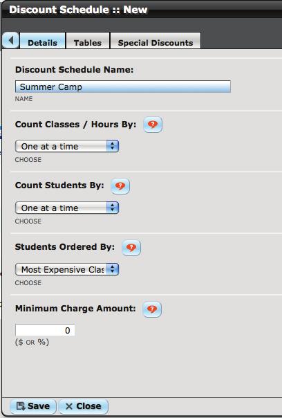12 Discounts / Details Tab Clicks to get to the Discount Schedule :: New menu 1. 2. 3. 4. 5. Count Classes / Hours By: This field controls the way that classes, or hours, are counted.
