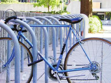 The Hoop Rack supports the bicycle at two points and allows for the wheel and frame to be secured using a u-style bike