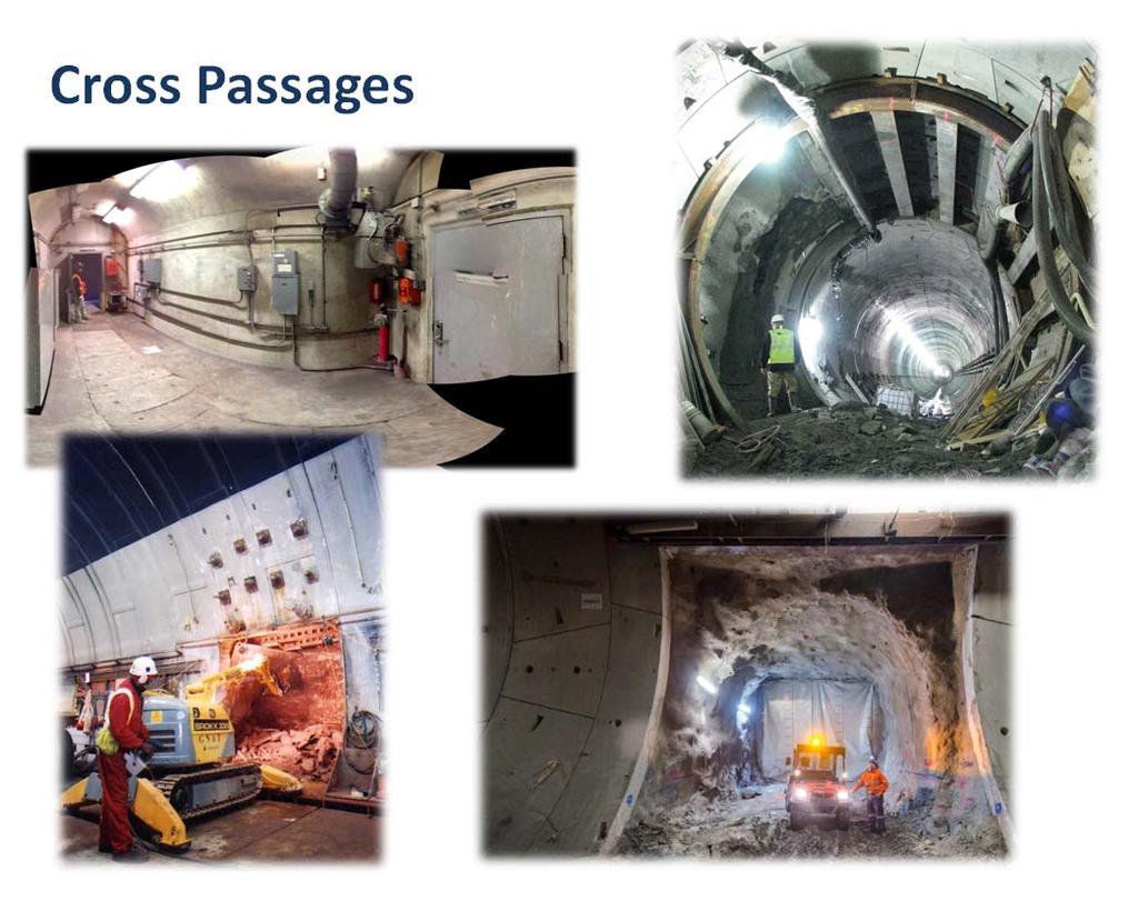 Bored Tunnel Cross Passages Connect the two bored tunnels at regular intervals along the alignment (33 total) Ability to adjust spacing to accommodate site features Required by BART and NFPA 130 as