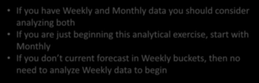 Should I use Weekly or Monthly Data? Do you have Weekly Historical Data? Does your business process allow for Weekly forecast changes and releases to Supply Planning?