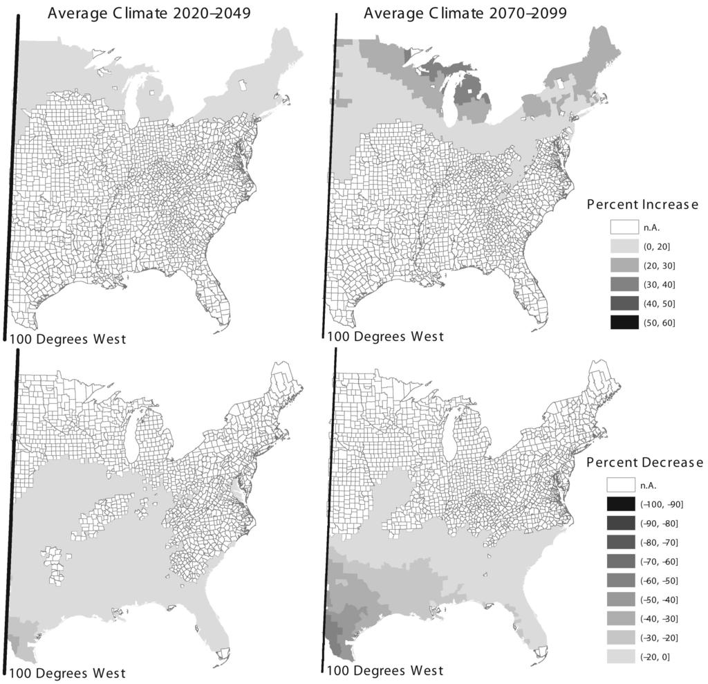 Figure 4: Counties with Statistically Significant Gains and Losses East of the 100 Degree Meridian under the Parallel Climate Model - B1 Scenario.