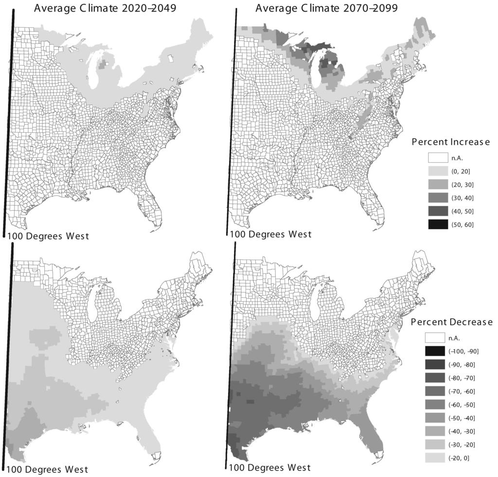 Figure 5: Counties with Statistically Significant Gains and Losses East of the 100 Degree Meridian under the Parallel Climate Model - A1FI Scenario.