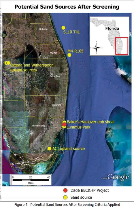 Miami-Dade and Broward Counties are running out of accessible and environmentally feasible sources of sand, also resulting from the narrowing of the continental shelf.