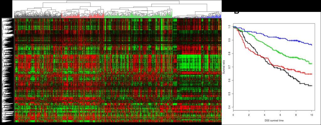 Figue 4.7. DCIM clusteing and suvival analysis of the joint beast cance dataset. A) The heatmap of gene expession intensity measues was odeed by DCIM global gene and sample clusteings.
