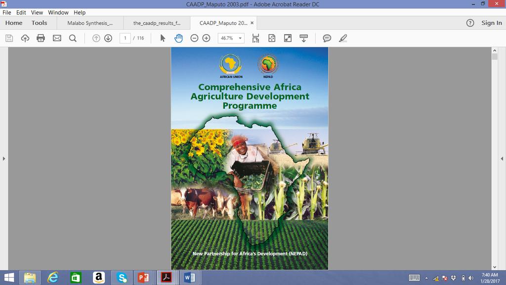 Opportunities The Maputo declaration (2003) adopted the CAADP (Comprehensive African Agricultural Development Programme) as the continental framework for