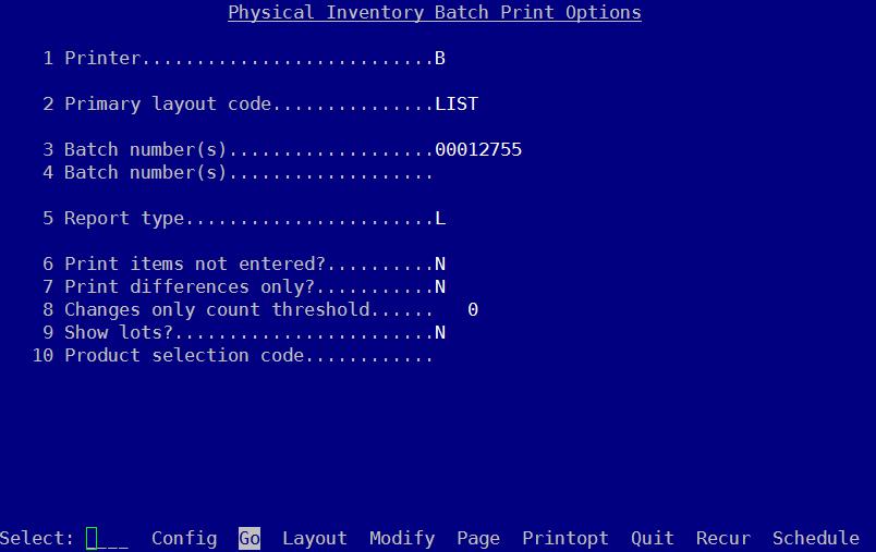 Printer: Enter printer name or S to search Primary Layout code: Select from the options, COMPARE, COMPDATES AND LIST Batch number(s): Will default