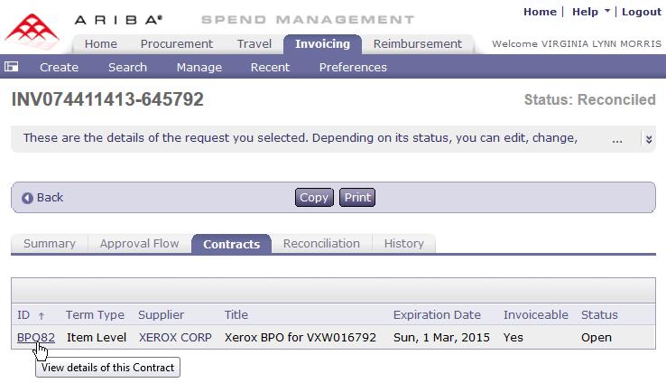 12. Click on the Contracts tab and then click on the BPO number to return to the