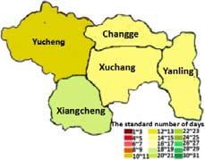 Figure 3. the space distribution of AQI in Xuchang from Jan to Dec On the whole, the standard number of days is inverted "U" type distribution which corresponds to the above conclusions.