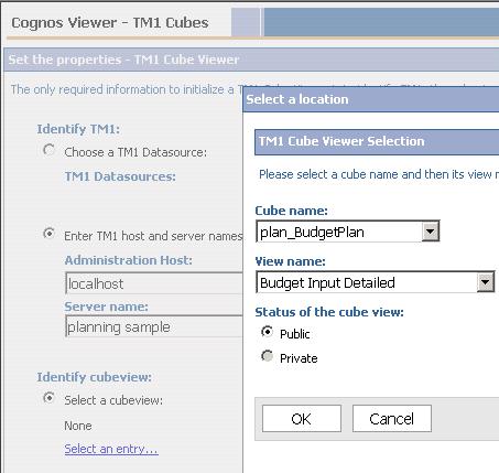 Integrating TM1 and IBM Cognos 8 BI 26 Since there has been no default setting applied to the portlets cubes to be viewed must be defined at this point.