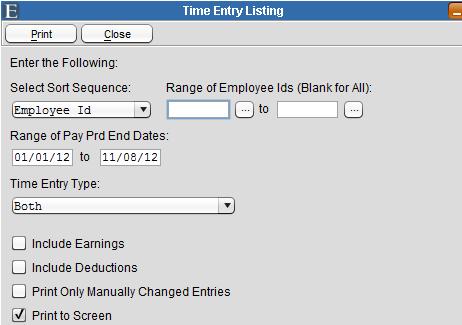 Time Entry Listing Time Entry Listing The Time Entry Listing is a temporary report that can only be produced when time entries exist. It will show all of the employees scheduled to be paid.