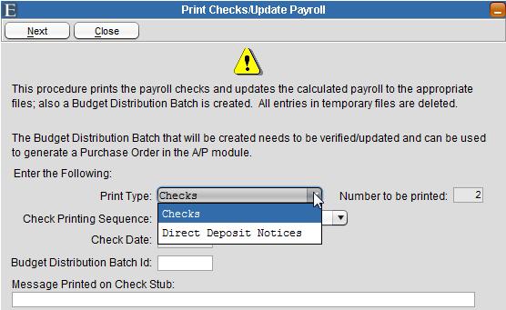 Print Checks/Update Payroll Figure 3-21 Print Type - This option will only appear when printing PDF direct deposit notices.