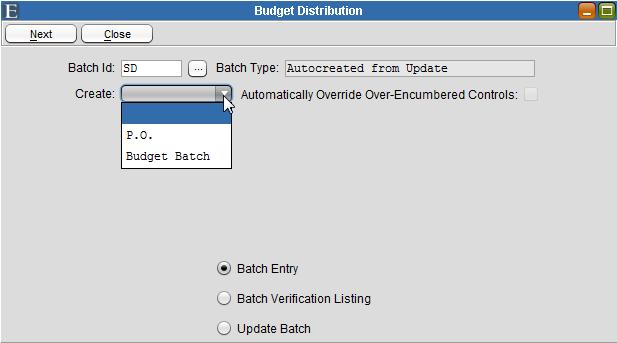 Budget Distribution Figure 3-30 Batch Id - Use the picklist to select the Batch Id for the current payroll. Create - Choose whether to create a Budget Batch or P.O.