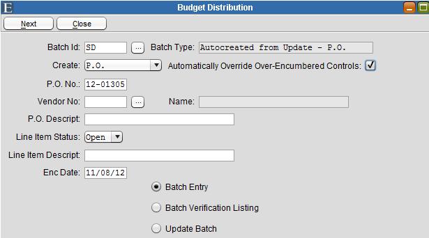 Budget Distribution Create P.O. Figure 3-31 P.O. No - Accept the default P.O. number or assign a new number. Vendor No - Use the picklist to select the payroll purchase order vendor. P.O. Descript - Enter a default description for the Purchase Order Maintenance screen.