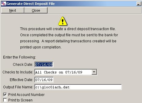 Generate Direct Deposit Generate Direct Deposit This routine creates the direct deposit ACH file. The user is responsible for transmitting the file to the bank.