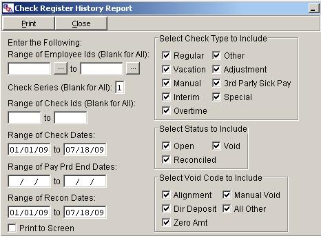 Check Register History Report Figure 5-1 Select Sort Sequence - The report may be ordered by Employee Id, Department Id or Workers Comp Class.