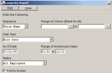 Longevity Report Longevity Report The Longevity report shows employee years of service and YTD gross pay by Union or Longevity Id. Select Personnel>Reports>Longevity Report.