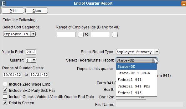 End of Quarter Report Figure 6-2 Select Sort Sequence - When running the Employee Summary version of the report, it can be sorted by Employee Id, Last Name, or Soc. Sec. #.
