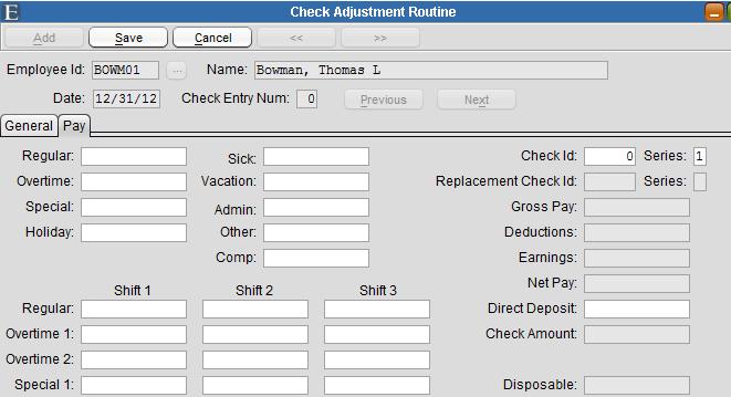 Check Adjustment Routine Check Type - Select either Adjustment or 3rd Party Sick. The Adjustment type can be used for any type of manual adjustments.