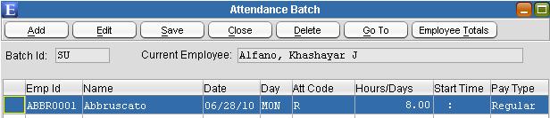 Attendance Batch Date - Enter the attendance transaction date. The appropriate Day will default. Attendance Code - Type in or use <F3> to select a code.