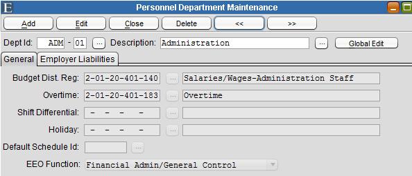 Department Maintenance Figure 1-10 To select an existing department, type in the Id or use the picklists in the Dept Id or Description fields to select one.