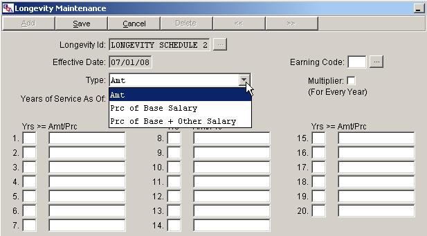 Longevity Maintenance Figure 1-17 Type - Click on the drop down arrow and specify how the longevity will be calculated. Choices are shown in the above figure.