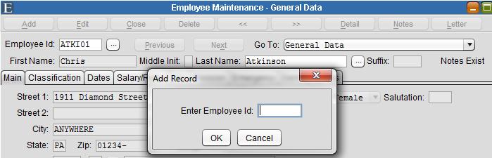 Adding an Employee Adding an Employee Select Personnel>Employee>Employee Maintenance. Click Add. Enter the Employee ID (up to 8 alphanumeric characters).