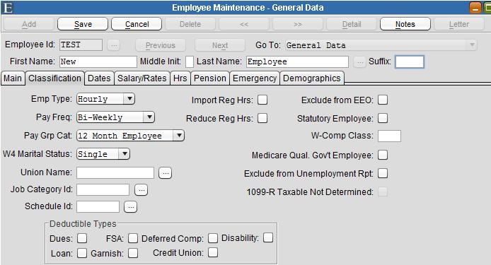 General Data Screen Figure 2-8 Emp Type - Use the drop down arrow to select an employee type (Hourly, Salaried, Non-Employee).