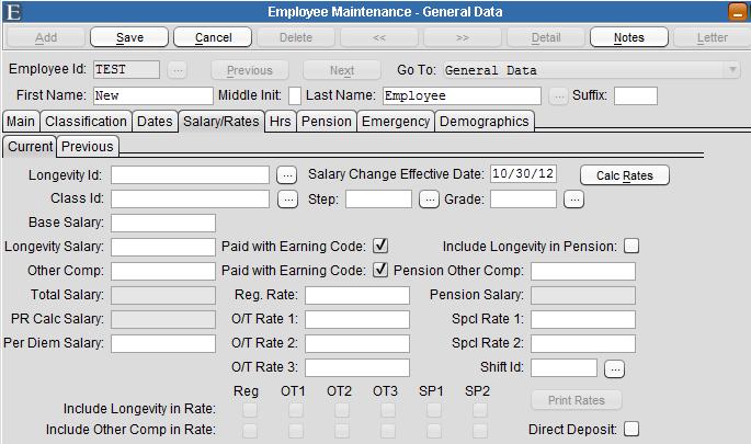 General Data Screen Figure 2-10 Longevity Id - The picklist can be used to assign a Longevity Id to an employee. The Longevity Id is used to auto-calculate a longevity salary.