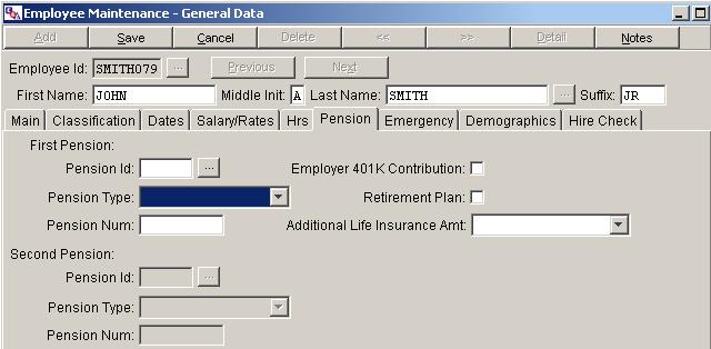 General Data Screen Figure 2-13 Pension Id - Use the picklist to identify the employee s pension plan. Note: Pension ID s are created in Personnel>Maintenances>Pension Maintenance.
