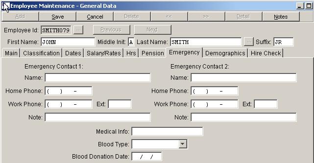 General Data Screen The employee s emergency contact information can be entered.
