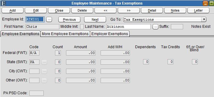 Tax Exemptions ********************* When all required tabs of general employee information have been completed, click Save.