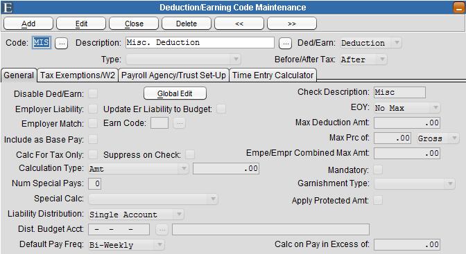 Deduction/Earning Code Maintenance Figure 1-1 To view an existing code, type in the code and press Enter or select a code using the picklists in the Code or Description fields.