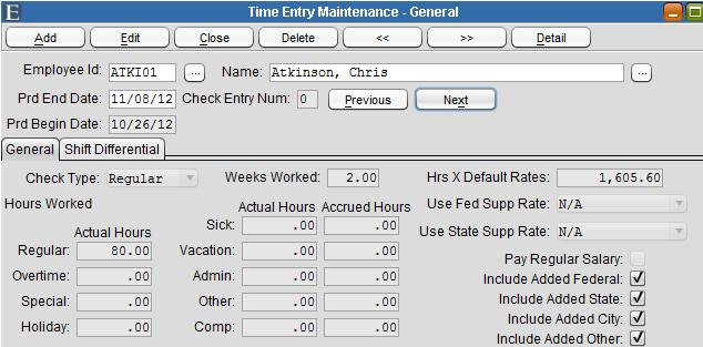 Time Entry Maintenance Time Entry Maintenance is composed of the following screens:general, Deductions/Earnings, Direct Deposit and Budget Distribution.