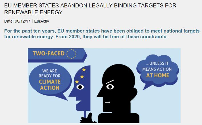 EU ABANDONS LEGALLY BINDING TARGETS EU decided to make 2030 renewable energy targets