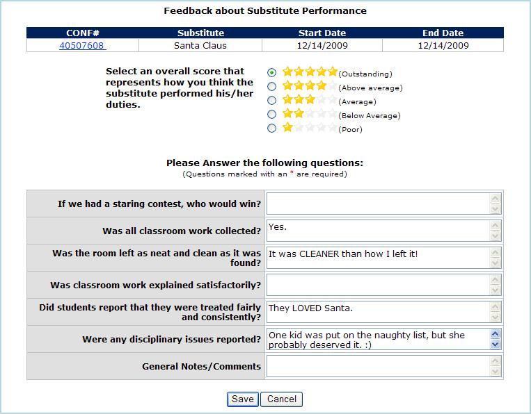 Click to leave feedback An employee can Rate the Substitute s performance (1-5 stars) and give details by answering a series of questions.