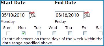 Manage Absences Online Create an absence 1. Select the Create an Absence tab on the left 2. Enter the Start and End Dates (see below) 3. Choose the day(s) of the week 4.