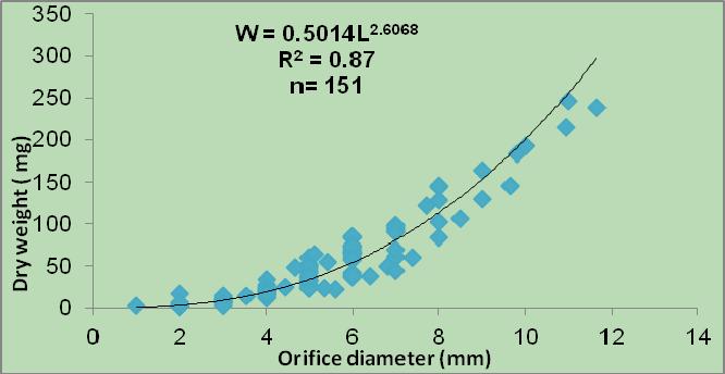418 The Comparison of the Balanus improvises (Crustacea: Cirripeia) Growth, Population Dynamics Fig. 2 Relationship between orifice diameter (mm) with Dry weight (up) and ash free dry weight (down).