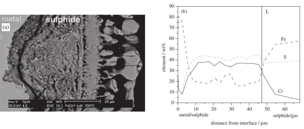 352 Pillis & Ramanathan Materials Research Figure 4. a) cross-section of FeCrY alloy sulphidised at 700 C; b) composition profile through a). Figure 5.