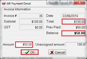 7. The AR Payment Detail form will appear. Enter the Amount you want applied to the invoice.