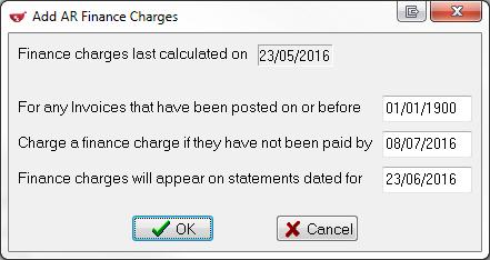 Select Utilities > AR > Add Finance Charges from the Alt-X - Start screen. 2. The Add AR Finance Charges form will appear.