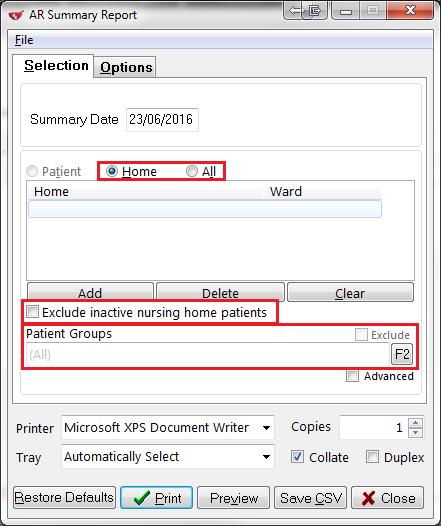 To run the report for a specific nursing home, select the Home radio button and search for and select the nursing home.