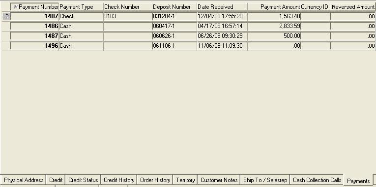 Payments Tab All payments from customer