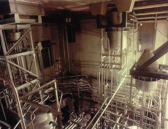 Isometric view of a chemical process cell: <50m high, <10m2 footprint, <5m thick reinforced concrete walls, multiple main process vessels, many pipes and ventilation ducts, mild steel supports, <15