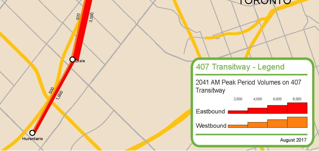 4. Figure E.5 shows the projected transit volumes on the Transitway between Hurontario Street and Highway 400. The eastern section has a peak point of E.3.