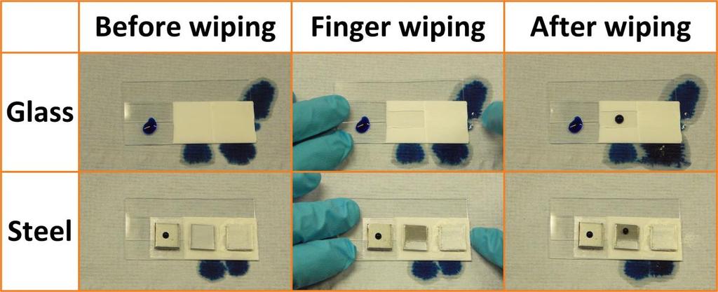 Fig. S9. Finger-wipe tests on glass and steel substrates. The surfaces were untreated, paint treated and paint + double-sided tape treated, respectively (from left to right).
