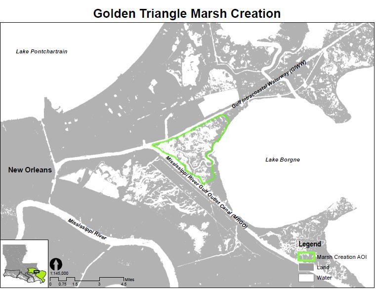 Project: Golden Triangle Marsh Creation Purpose: To create approximately 600 acres of marsh in the Golden Triangle area to create new wetland habitat, restore degraded marsh, and reduce wave erosion.