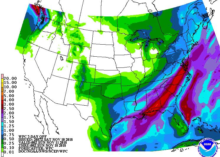 Moisture is expected across most of the Southern Plains the next few days; heavy rain is forecast for the Southeast. Most of the Corn Belt looks clear.
